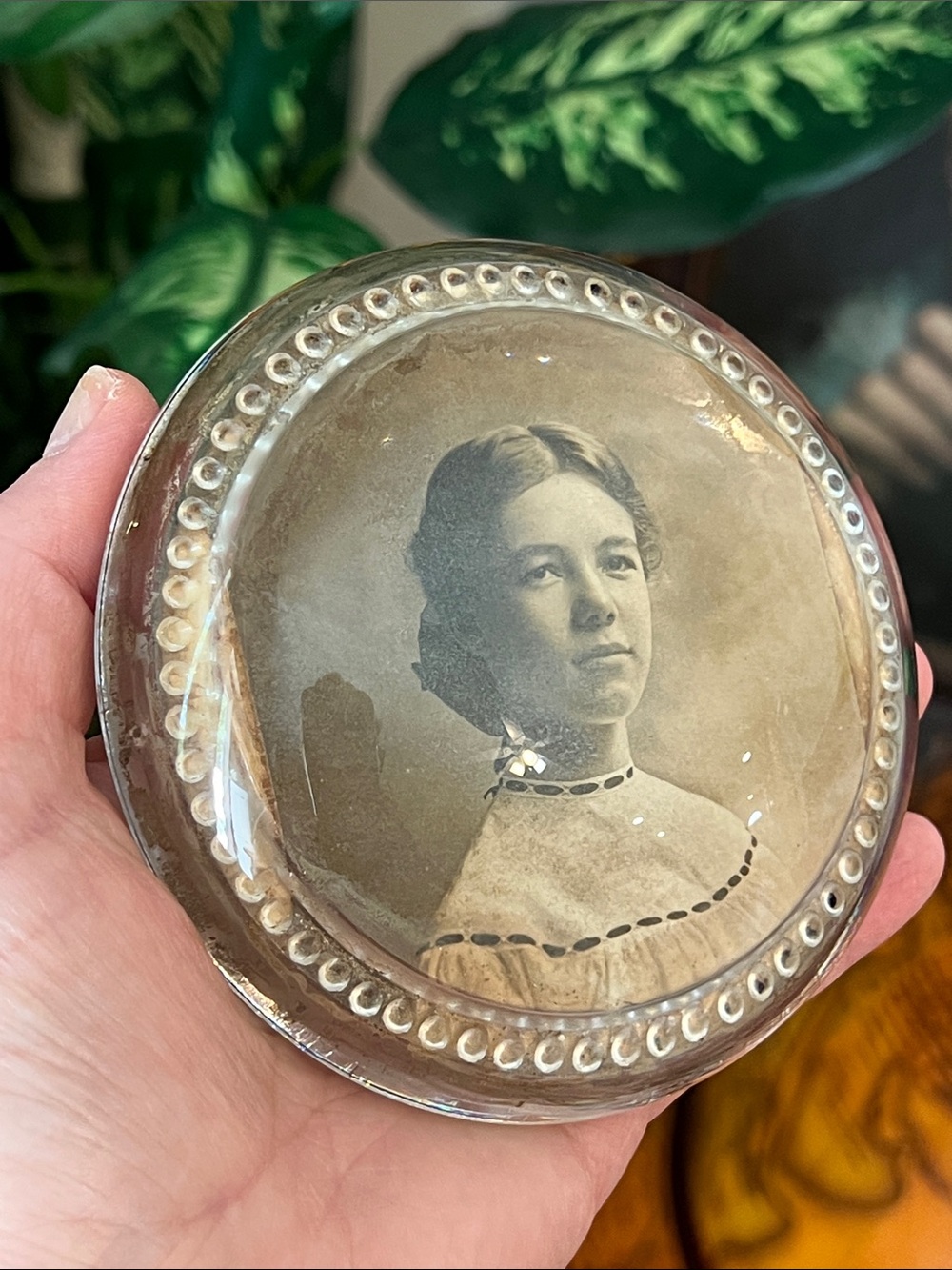 Antique Bubble Glass Dome Paperweight with Portrait Photography of a Young Woman